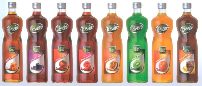 Sirop Teisseire : Caramel – Cassis – Fraise – Framboise – Fruits de la Passion – Kiwi – Pêche – Thé Pêche